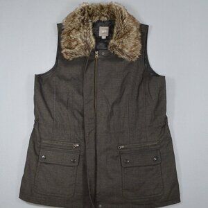 J.Jill Faux Fur Collar Utility Vest Brown Herringbone Zip Snap Pockets MP